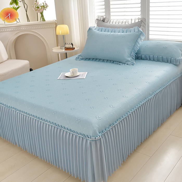 91家纺网 家纺一手货源 找家纺 席匠 2026新款凉感冰豆豆床裙款凉席席子凉席-PE系列 幸运草-蓝