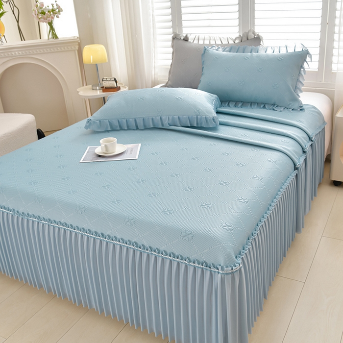 91家纺网 家纺一手货源 找家纺 席匠 2026新款凉感冰豆豆床裙款凉席席子凉席-PE系列 幸运草-蓝