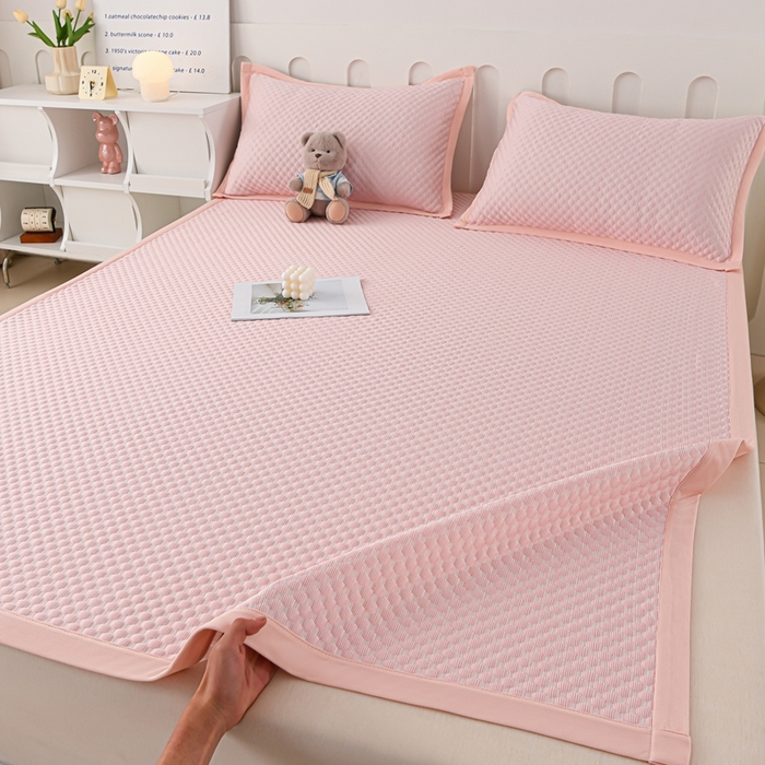 91家纺网 家纺一手货源 找家纺 席匠 2026新款冰豆豆床裙纯色款凉席席子凉席三件套 纯色床席款-粉