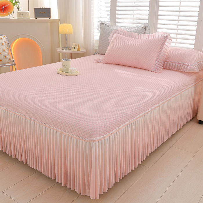 91家纺网 家纺一手货源 找家纺 席匠 2026新款冰豆豆床裙纯色款凉席席子凉席三件套 纯色渐变床裙款-粉