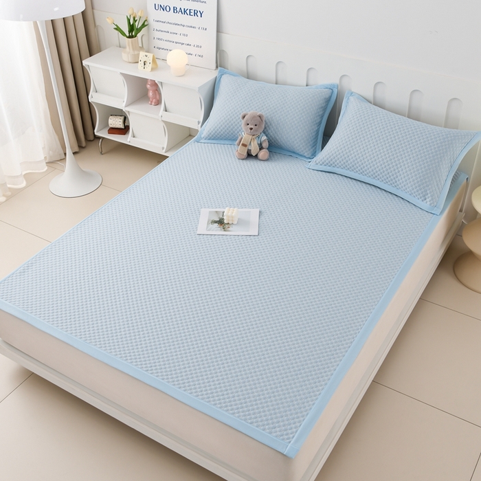 91家纺网 家纺一手货源 找家纺 席匠 2026新款冰豆豆床裙纯色款凉席席子凉席三件套 纯色床席款-蓝