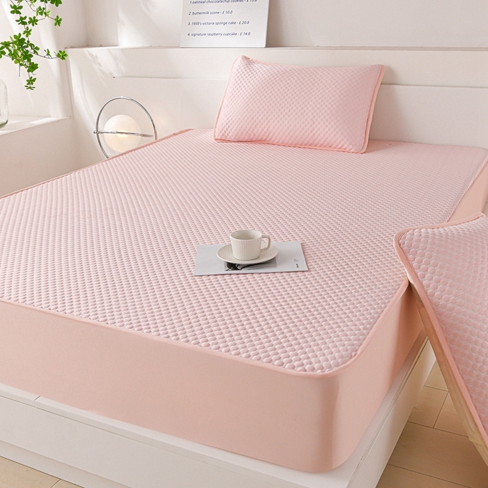 91家纺网 家纺一手货源 找家纺 席匠 2026新款冰豆豆床裙纯色款凉席席子凉席三件套 纯色床笠款-粉