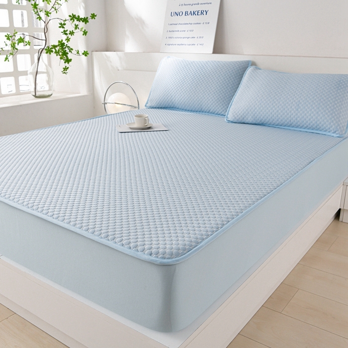 91家纺网 家纺一手货源 找家纺 席匠 2026新款冰豆豆床裙纯色款凉席席子凉席三件套 纯色床笠款-蓝