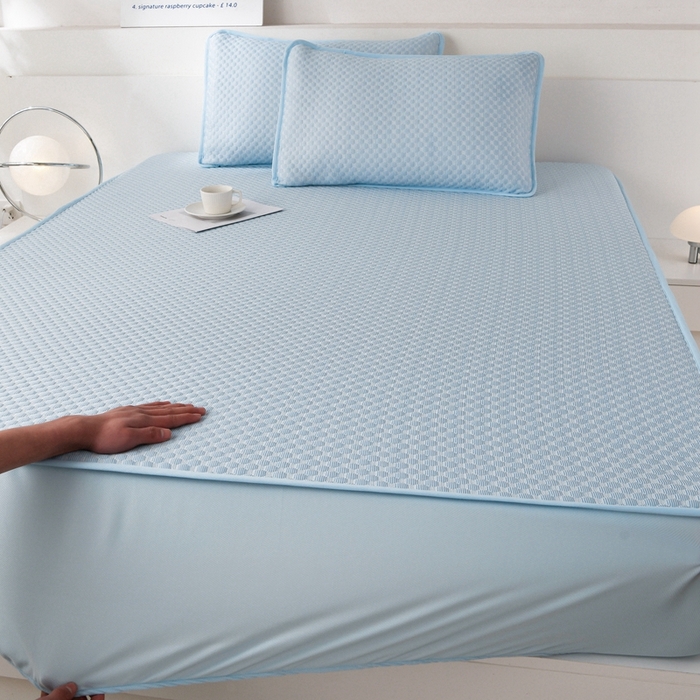 91家纺网 家纺一手货源 找家纺 席匠 2026新款冰豆豆床裙纯色款凉席席子凉席三件套 纯色床笠款-蓝