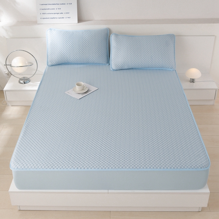 91家纺网 家纺一手货源 找家纺 席匠 2026新款冰豆豆床裙纯色款凉席席子凉席三件套 纯色床笠款-蓝