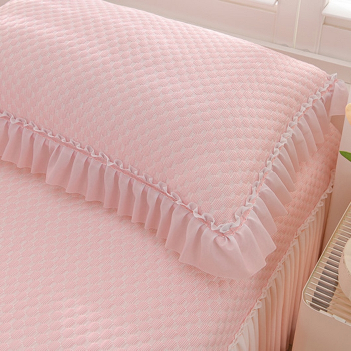 91家纺网 家纺一手货源 找家纺 席匠 2026新款冰豆豆床裙纯色款凉席席子凉席三件套 纯色渐变床裙款-粉