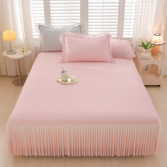 91家纺网 家纺一手货源 找家纺 席匠 2026新款冰豆豆床裙纯色款凉席席子凉席三件套 纯色渐变床裙款-粉