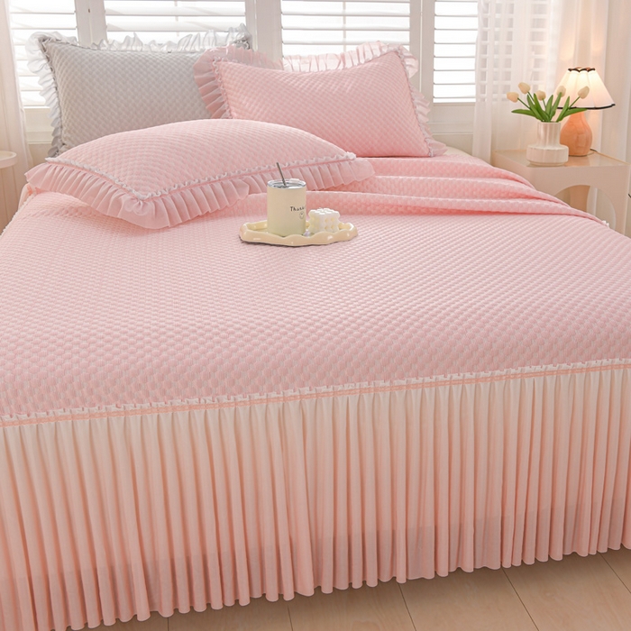 91家纺网 家纺一手货源 找家纺 席匠 2026新款冰豆豆床裙纯色款凉席席子凉席三件套 纯色渐变床裙款-粉