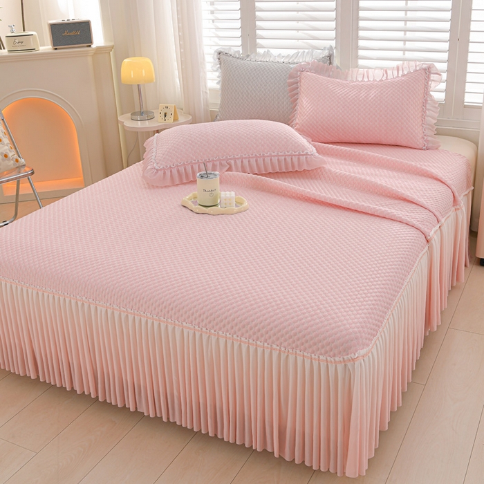 91家纺网 家纺一手货源 找家纺 席匠 2026新款冰豆豆床裙纯色款凉席席子凉席三件套 纯色渐变床裙款-粉