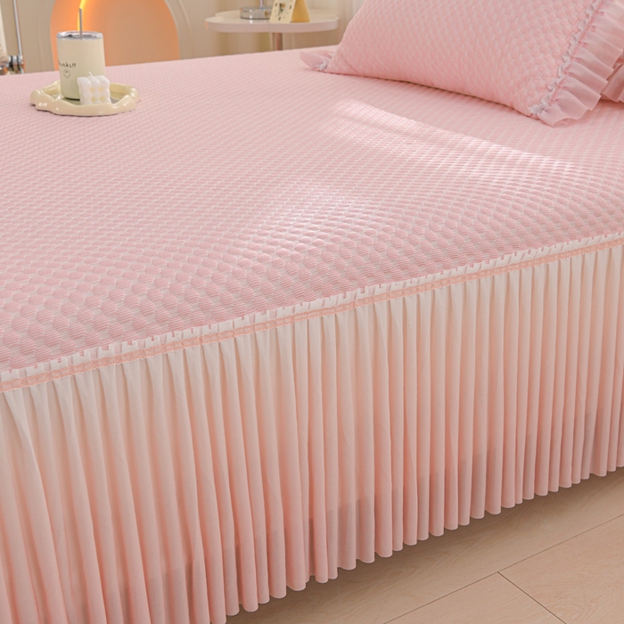 91家纺网 家纺一手货源 找家纺 席匠 2026新款冰豆豆床裙纯色款凉席席子凉席三件套 纯色渐变床裙款-粉