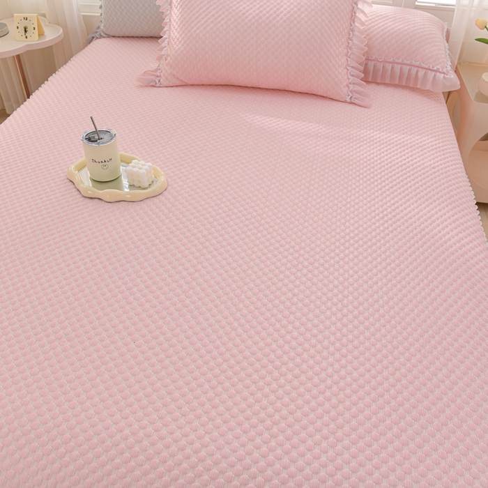 91家纺网 家纺一手货源 找家纺 席匠 2026新款冰豆豆床裙纯色款凉席席子凉席三件套 纯色渐变床裙款-粉