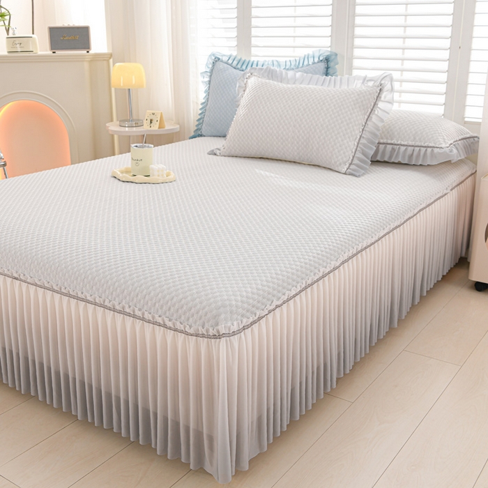 席匠 2026新款冰豆豆床裙纯色款凉席席子凉席三件套 纯色渐变床裙款-灰