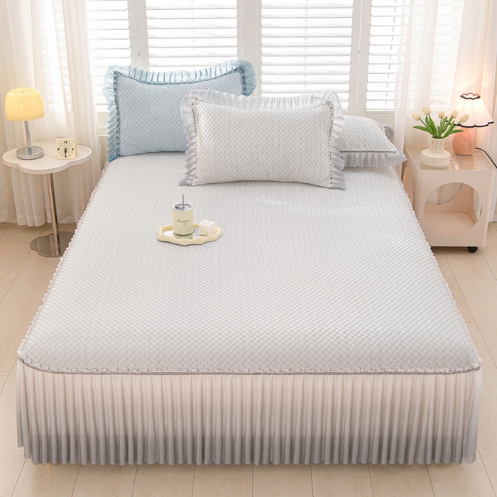 91家纺网 家纺一手货源 找家纺 席匠 2026新款冰豆豆床裙纯色款凉席席子凉席三件套 纯色渐变床裙款-灰