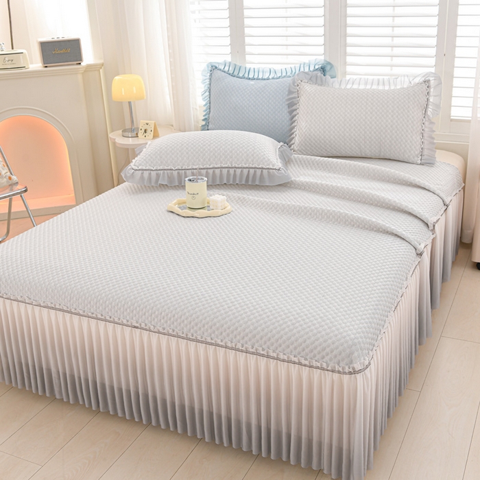 91家纺网 家纺一手货源 找家纺 席匠 2026新款冰豆豆床裙纯色款凉席席子凉席三件套 纯色渐变床裙款-灰