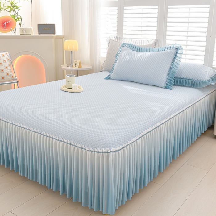 席匠 2026新款冰豆豆床裙纯色款凉席席子凉席三件套 纯色渐变床裙款-蓝