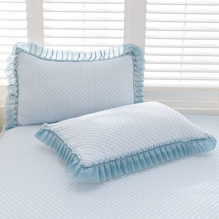 91家纺网 家纺一手货源 找家纺 席匠 2026新款冰豆豆床裙纯色款凉席席子凉席三件套 纯色渐变床裙款-蓝