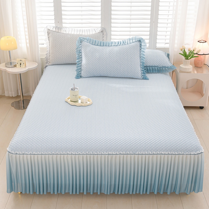 91家纺网 家纺一手货源 找家纺 席匠 2026新款冰豆豆床裙纯色款凉席席子凉席三件套 纯色渐变床裙款-蓝