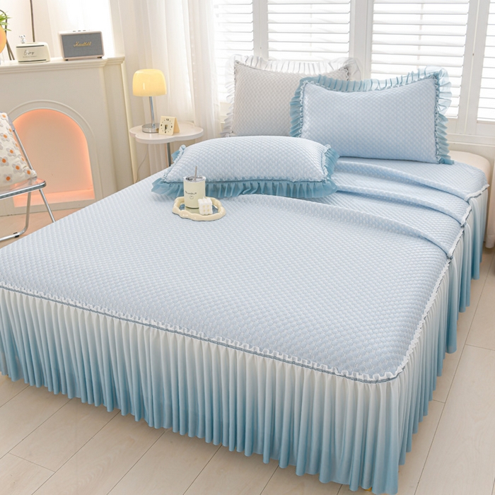 91家纺网 家纺一手货源 找家纺 席匠 2026新款冰豆豆床裙纯色款凉席席子凉席三件套 纯色渐变床裙款-蓝