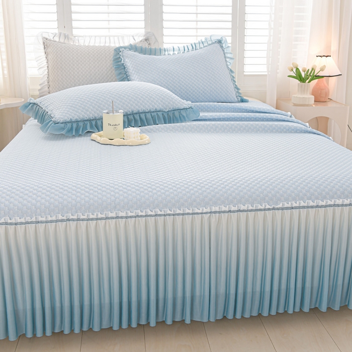 91家纺网 家纺一手货源 找家纺 席匠 2026新款冰豆豆床裙纯色款凉席席子凉席三件套 纯色渐变床裙款-蓝