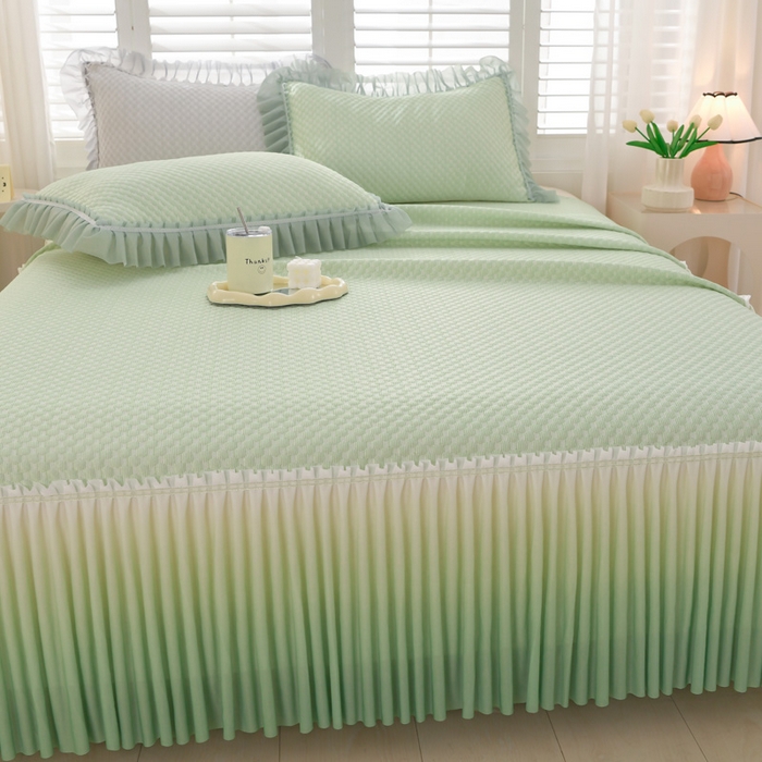 91家纺网 家纺一手货源 找家纺 席匠 2026新款冰豆豆床裙纯色款凉席席子凉席三件套 纯色渐变床裙款-绿