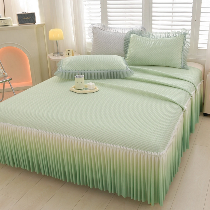 91家纺网 家纺一手货源 找家纺 席匠 2026新款冰豆豆床裙纯色款凉席席子凉席三件套 纯色渐变床裙款-绿