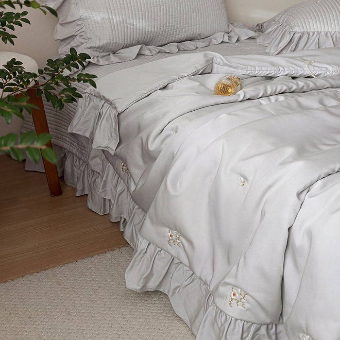 91家纺网 家纺一手货源 找家纺 上喜 2026新款天丝小花刺绣夏被夏凉被空调被四件套 灰色