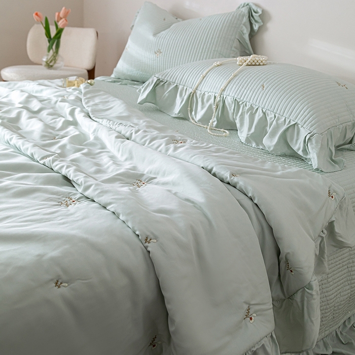 上喜 2026新款天丝小花刺绣夏被夏凉被空调被四件套 绿色