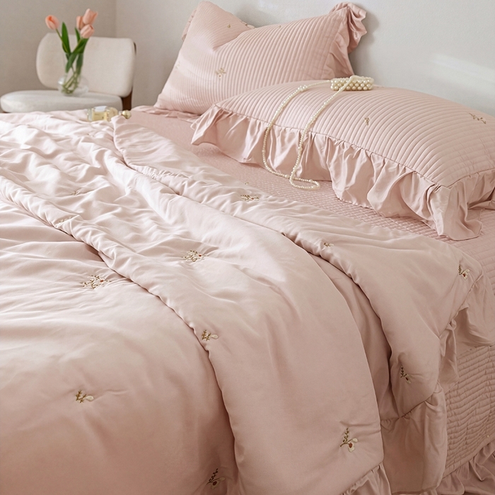 上喜 2026新款天丝小花刺绣夏被夏凉被空调被四件套 粉色