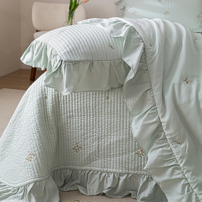 91家纺网 家纺一手货源 找家纺 上喜 2026新款天丝小花刺绣夏被夏凉被空调被四件套 绿色