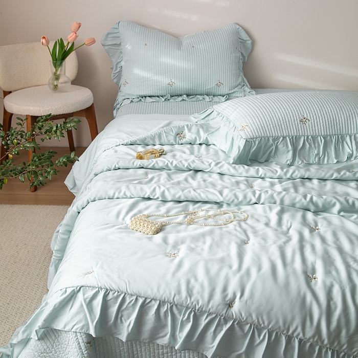 91家纺网 家纺一手货源 找家纺 上喜 2026新款天丝小花刺绣夏被夏凉被空调被四件套 蓝色