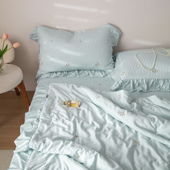 91家纺网 家纺一手货源 找家纺 上喜 2026新款天丝小花刺绣夏被夏凉被空调被四件套 蓝色