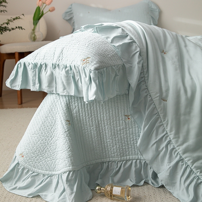 91家纺网 家纺一手货源 找家纺 上喜 2026新款天丝小花刺绣夏被夏凉被空调被四件套 蓝色