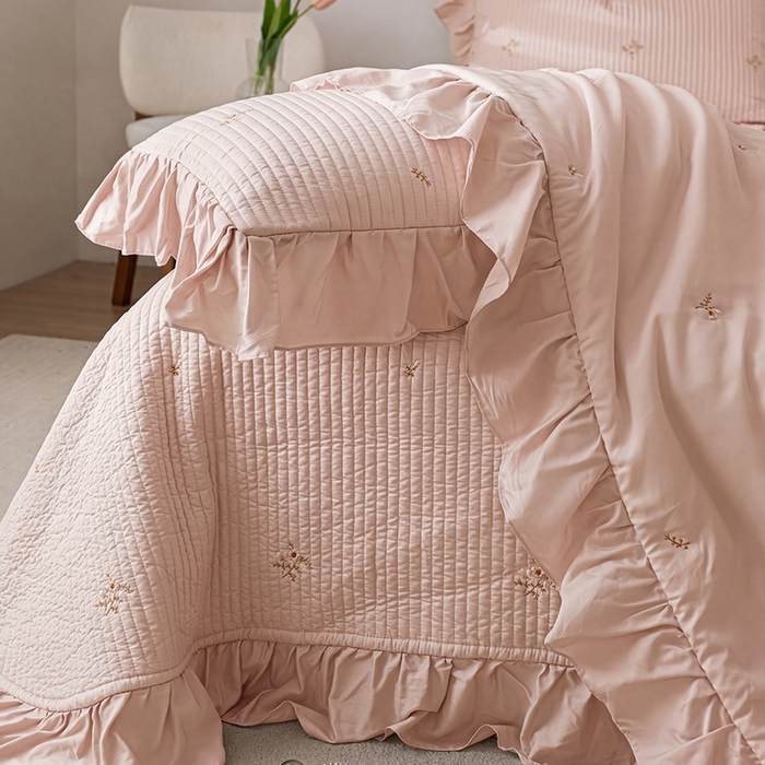 91家纺网 家纺一手货源 找家纺 上喜 2026新款天丝小花刺绣夏被夏凉被空调被四件套 粉色