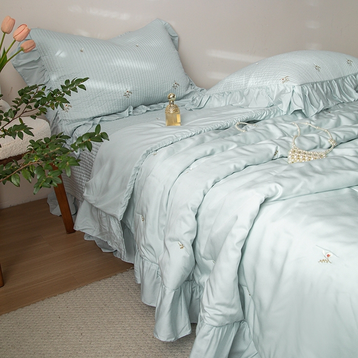 91家纺网 家纺一手货源 找家纺 上喜 2026新款天丝小花刺绣夏被夏凉被空调被四件套 蓝色