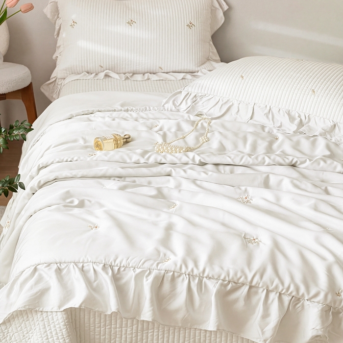 91家纺网 家纺一手货源 找家纺 上喜 2026新款天丝小花刺绣夏被夏凉被空调被四件套 白色