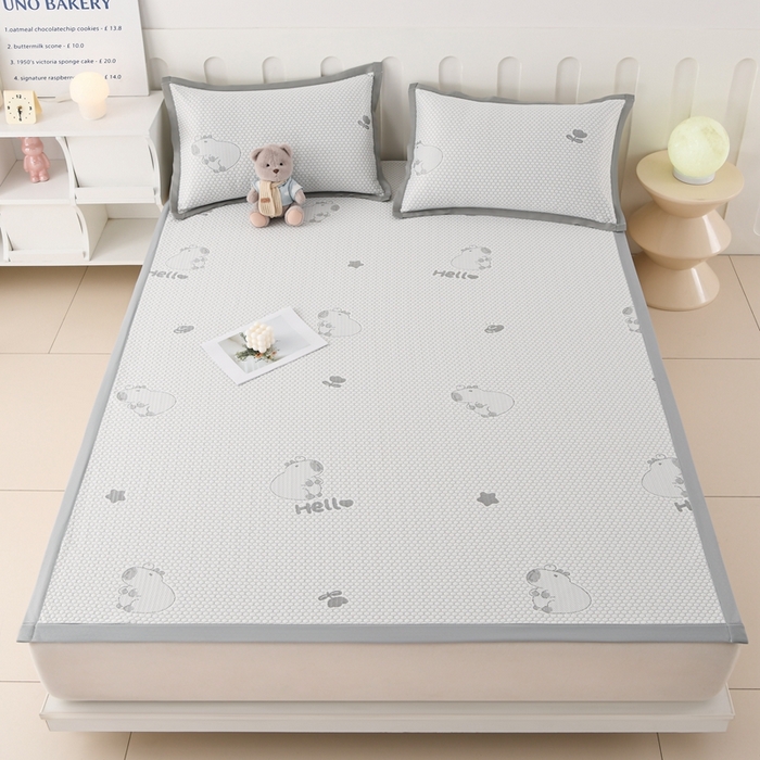 91家纺网 家纺一手货源 找家纺 席匠 2026新款冰豆豆床裙卡通款凉席席子凉席三件套 卡比巴拉床席款-灰