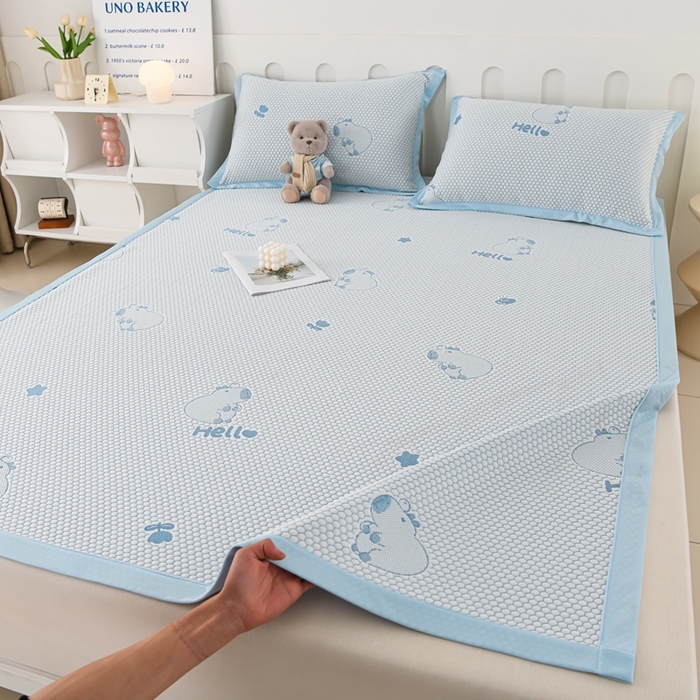 席匠 2026新款冰豆豆床裙卡通款凉席席子凉席三件套 卡比巴拉床席款-蓝