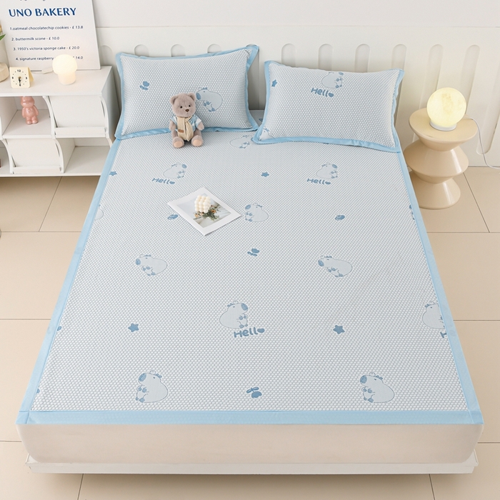 91家纺网 家纺一手货源 找家纺 席匠 2026新款冰豆豆床裙卡通款凉席席子凉席三件套 卡比巴拉床席款-蓝