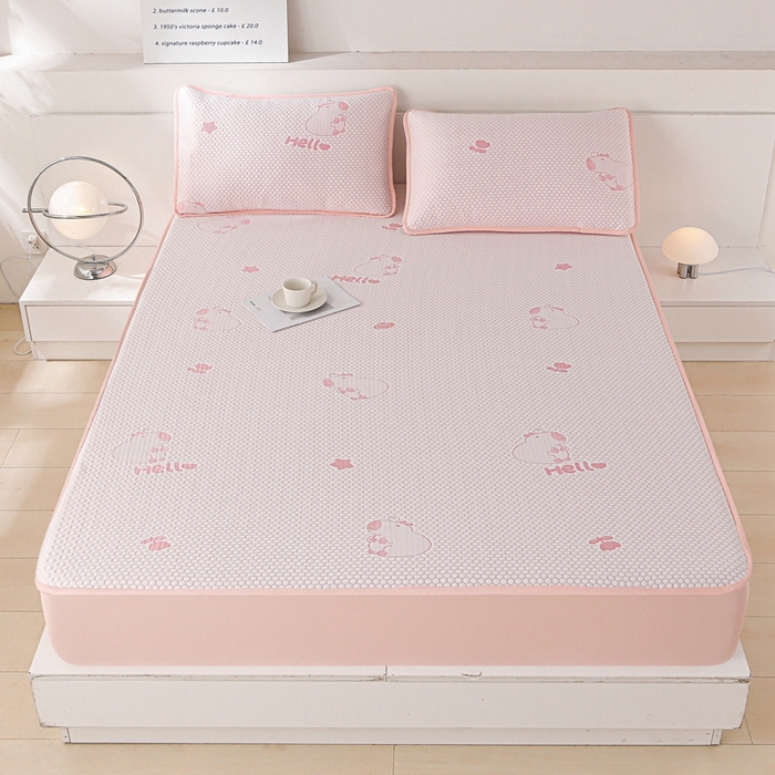 91家纺网 家纺一手货源 找家纺 席匠 2026新款冰豆豆床裙卡通款凉席席子凉席三件套 卡比巴拉床笠款-粉