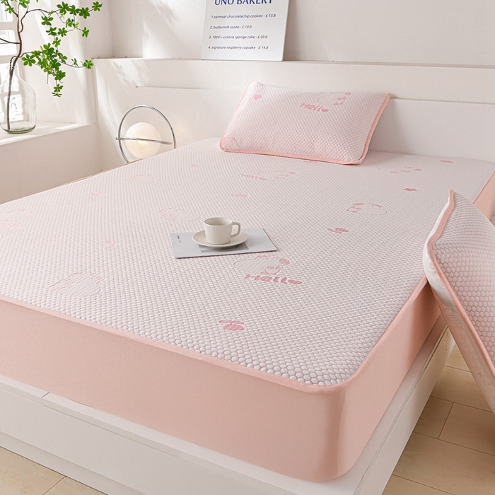 91家纺网 家纺一手货源 找家纺 席匠 2026新款冰豆豆床裙卡通款凉席席子凉席三件套 卡比巴拉床笠款-粉