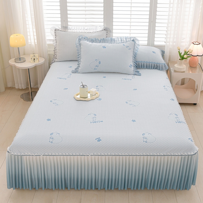 91家纺网 家纺一手货源 找家纺 席匠 2026新款冰豆豆床裙卡通款凉席席子凉席三件套 卡比巴拉渐变款-蓝