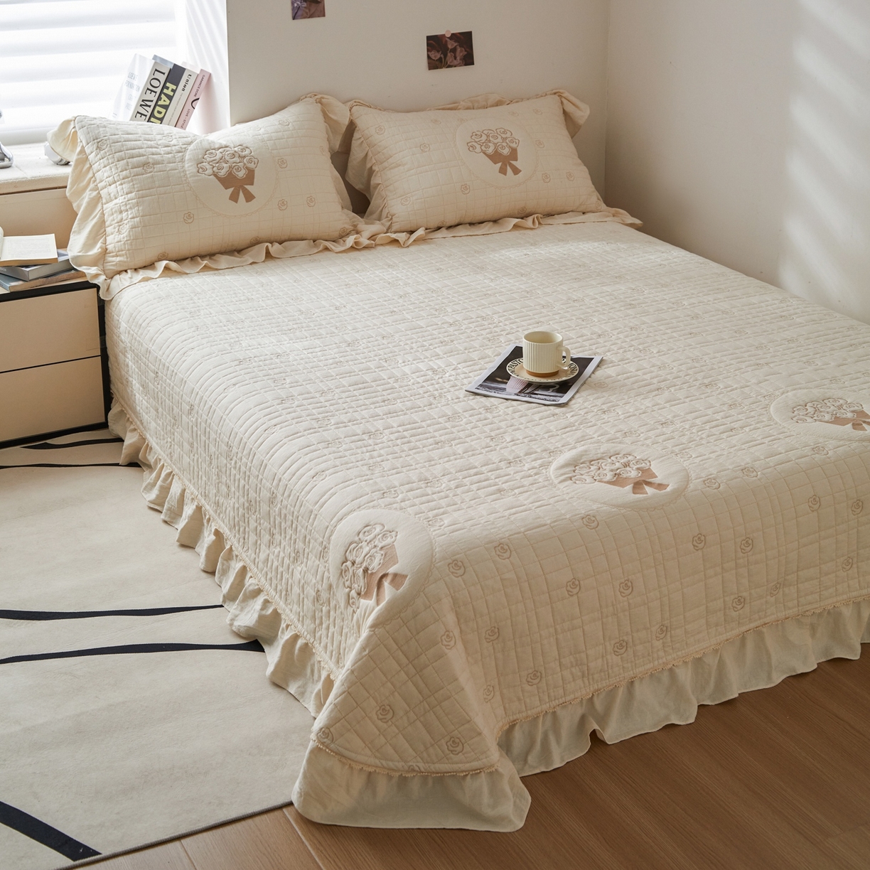 91家纺网 家纺一手货源 找家纺 上喜 2026新款全棉泡芙棉夏被夏凉被空调被四件套-玫瑰故事 玫瑰故事-米白