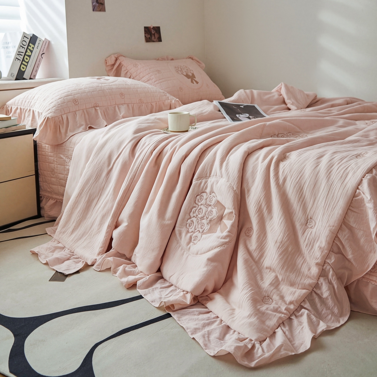 91家纺网 家纺一手货源 找家纺 上喜 2026新款全棉泡芙棉夏被夏凉被空调被四件套-玫瑰故事 玫瑰故事-粉色