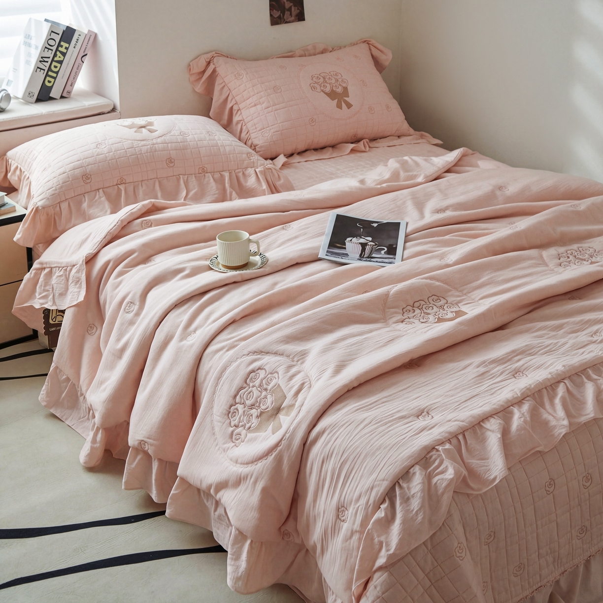 91家纺网 家纺一手货源 找家纺 上喜 2026新款全棉泡芙棉夏被夏凉被空调被四件套-玫瑰故事 玫瑰故事-粉色