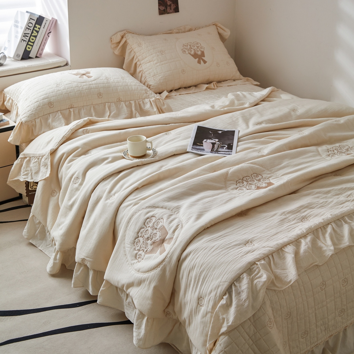 上喜 2026新款全棉泡芙棉夏被夏凉被空调被四件套-玫瑰故事 玫瑰故事-米白