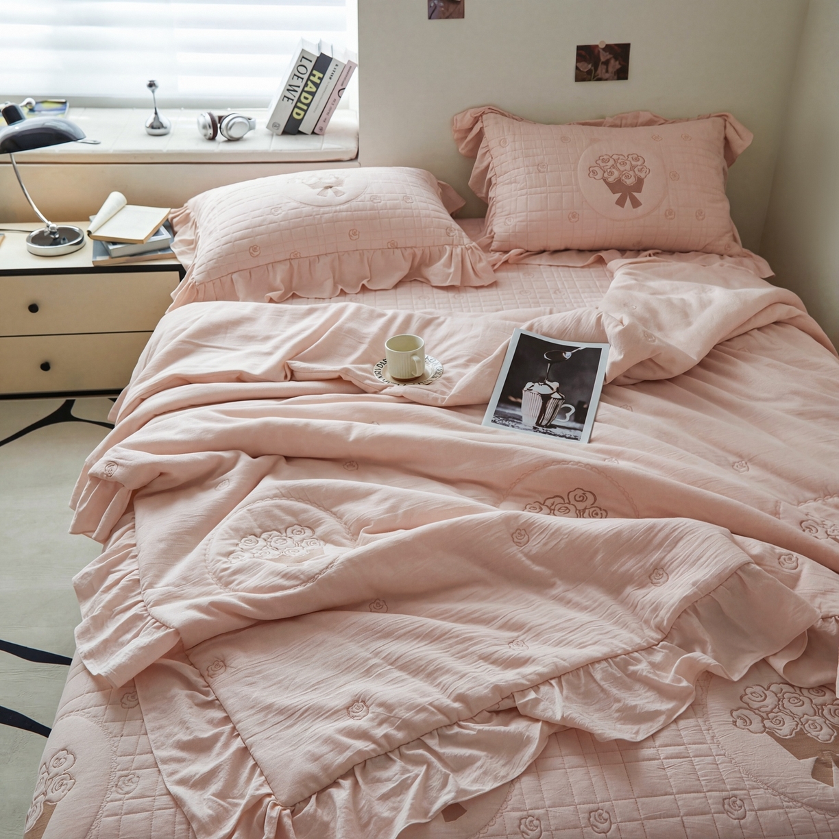 91家纺网 家纺一手货源 找家纺 上喜 2026新款全棉泡芙棉夏被夏凉被空调被四件套-玫瑰故事 玫瑰故事-粉色