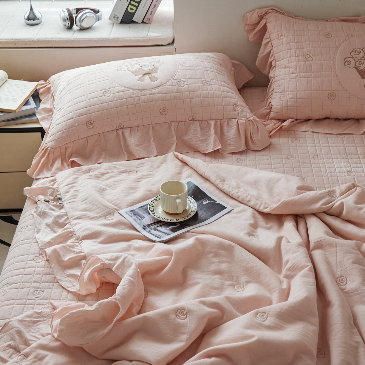 91家纺网 家纺一手货源 找家纺 上喜 2026新款全棉泡芙棉夏被夏凉被空调被四件套-玫瑰故事 玫瑰故事-粉色