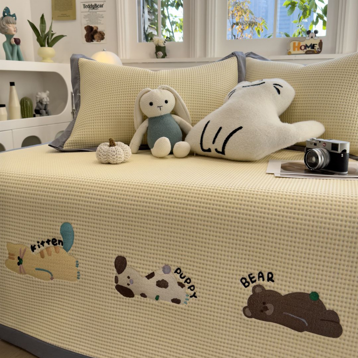 91家纺网 家纺一手货源 找家纺 耀悦家纺 2026新款毛巾绣乙纶冰豆豆凉席冰丝席华夫格卡通绣花博主ins风学生床 懒懒小憩床席款