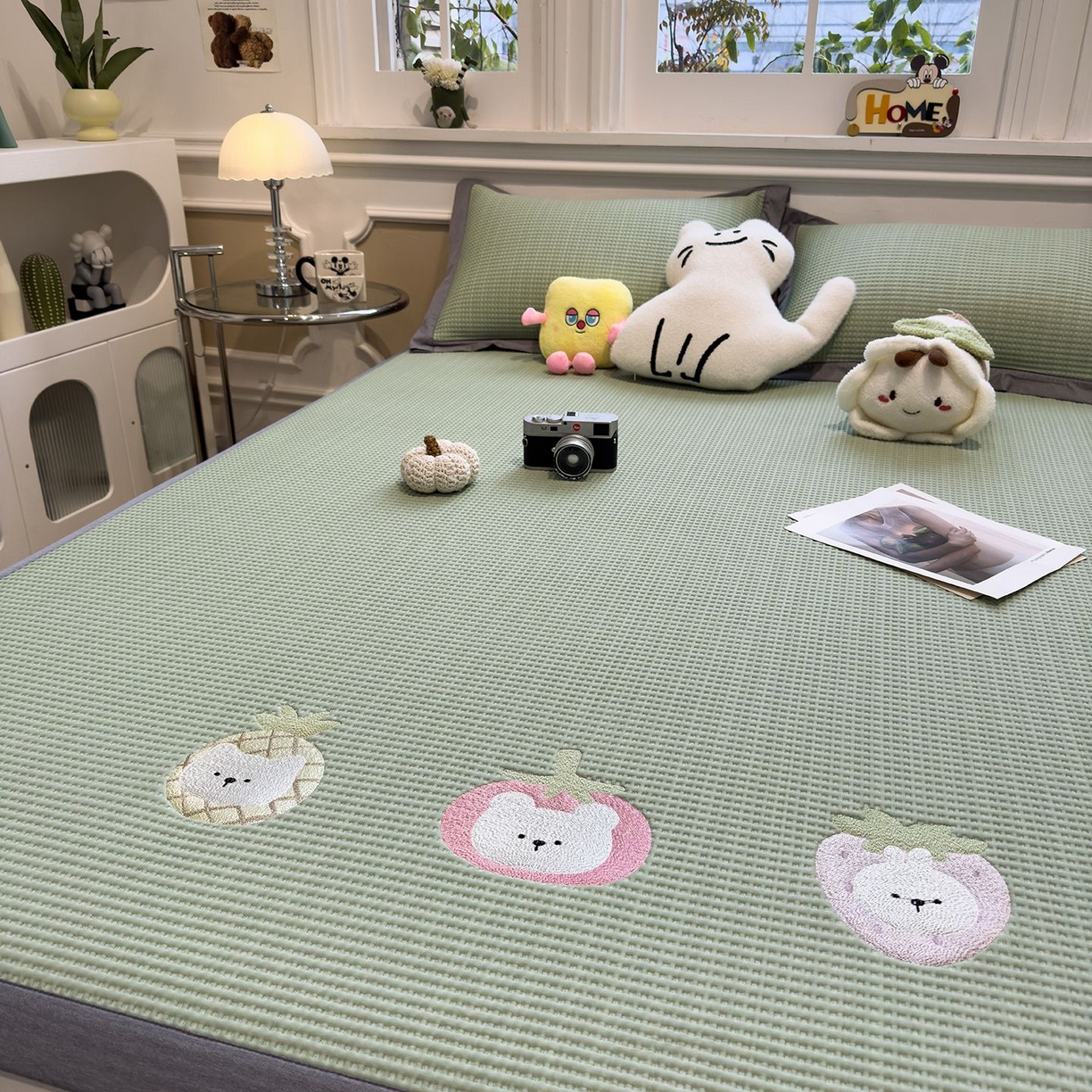 耀悦家纺 2026新款毛巾绣乙纶冰豆豆凉席冰丝席华夫格卡通绣花博主ins风学生床 奶冻喵-果绿床席款