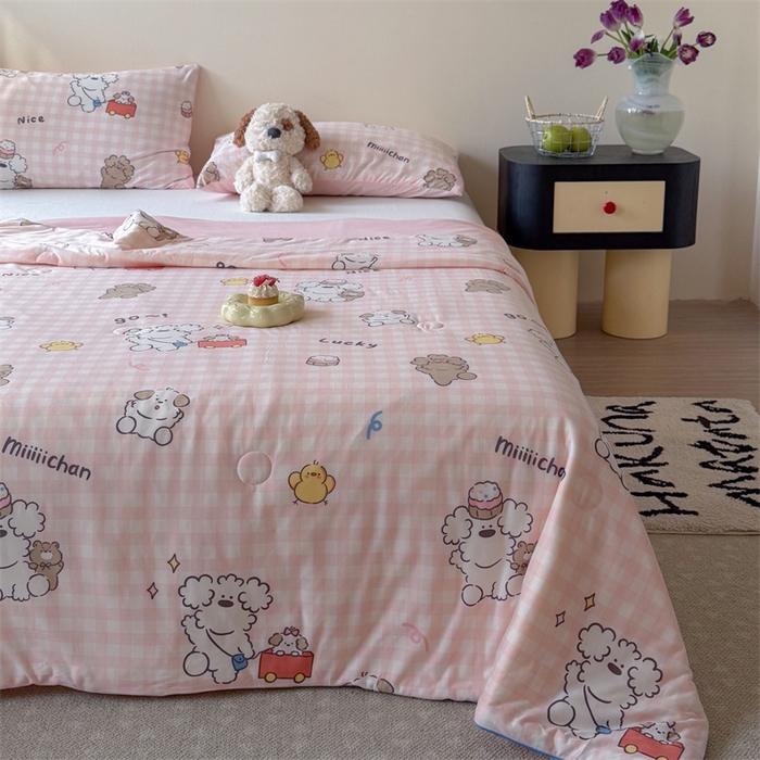 91家纺网 家纺一手货源 找家纺 暖生活 2026春夏新款A类针织锦氨绵绵冰双感夏被夏凉被空调被 粉格奶狗